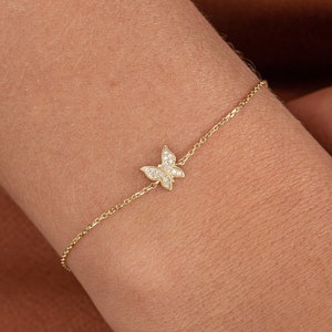 14k Gold Diamond Butterfly Bracelet Solid Gold Butterfly Charm