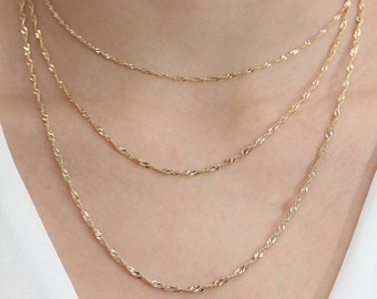 14k Solid Gold Chain, Singapore Chain Necklace, Diamond Cut Gold Necklace, Twisted Gold Chain, Layering Chain, Dainty Gold Chain, Simi