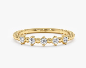 14k Gold Diamond Beaded Ring, Solid Gold Wedding Band, Stackable Diamond Ring, 14K Rose, White, Yellow Gold, Dainty Diamond Ring, Valeria