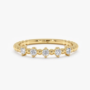 14k Gold Diamond Beaded Ring, Solid Gold Wedding Band, Stackable Diamond Ring, 14K Rose, White, Yellow Gold, Dainty Diamond Ring, Valeria