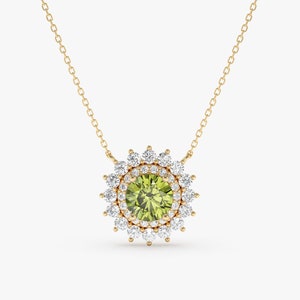 14k Solid Gold Peridot Necklace, Diamond Halo Necklace, Diamond Charm, Dainty Gold Choker, Peridot Birthstone Gift, Layering Necklace, Saira