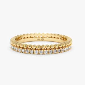 Diamond Full Eternity Ring, Beaded design, Double Stacked, 10k 14k 18k Diamond Band, Dainty Wedding Band, Yellow, Rose, White Gold, Cassie
