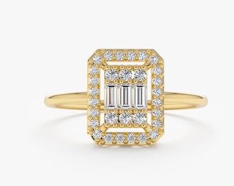 Diamond Engagement Ring, Baguette Ring, Round Diamonds, Prong Setting, Statement Ring, Ring for Bride, 14k Rose, Yellow, White, Sarafina
