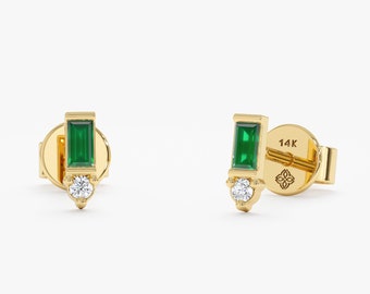 Solid Gold Emerald Earrings, Small Emerald and Diamond Studs, Round Diamond and Baguette Emerald, Dainty Gold Emerald Earrings, Sadie