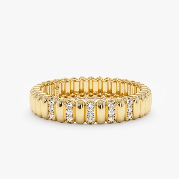 Real Gold and Diamond Unique Ring, Fluted Design, 14k Or 18k, Timeless Dainty Classic Band, Textured Ring, Diamond Half Eternity Ring, Celia