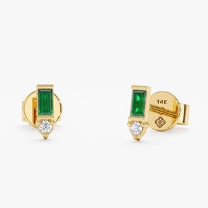 Solid Gold Emerald Earrings, Small Emerald and Diamond Studs, Round Diamond and Baguette Emerald, Dainty Gold Emerald Earrings, Sadie