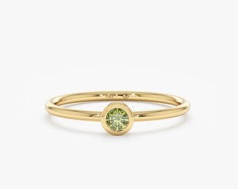 Solid Gold Peridot Ring, Stackable Dainty Birthstone Ring, 14k Solitaire Gemstone Ring, August Birthstone, Bezel Set Green Color Gem, Vienna