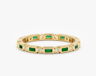 14k Gold Emerald Ring, Emerald Eternity Ring, Diamond Eternity Band, Solid Gold, Wedding Ring, Stackable, Baguette and Round Bezels, Tamia