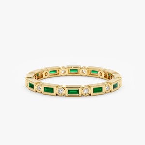 14k Gold Emerald Ring, Emerald Eternity Ring, Diamond Eternity Band, Solid Gold, Wedding Ring, Stackable, Baguette and Round Bezels, Tamia