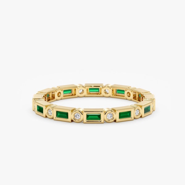 14k Gold Emerald Ring, Emerald Eternity Ring, Diamond Eternity Band, Solid Gold, Wedding Ring, Stackable, Baguette and Round Bezels, Tamia