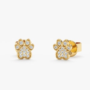 Mini Diamond Paw Stud Earrings, Dainty Pave Diamond Earrings, Pet Lovers, 14K White Gold, Rose Gold, Small Cute Diamond Earrings, Rory