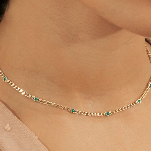 14k Gold Emerald Necklace Cuban Chain Necklace Sectioned 7 - Etsy