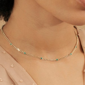 14k Gold Emerald Necklace, Cuban Chain Necklace, Sectioned 7 Emerald Bezels, Multi Emerald Necklace, Natural Emerald, Curb Chain, Salma image 1