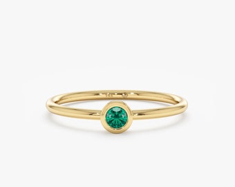 14k Solid Gold Emerald Ring, Engagement Ring, Simple Bezeled Emerald May Birthstone, Stackable Ring, Minimalist, Rose, White, Yellow, Vienna