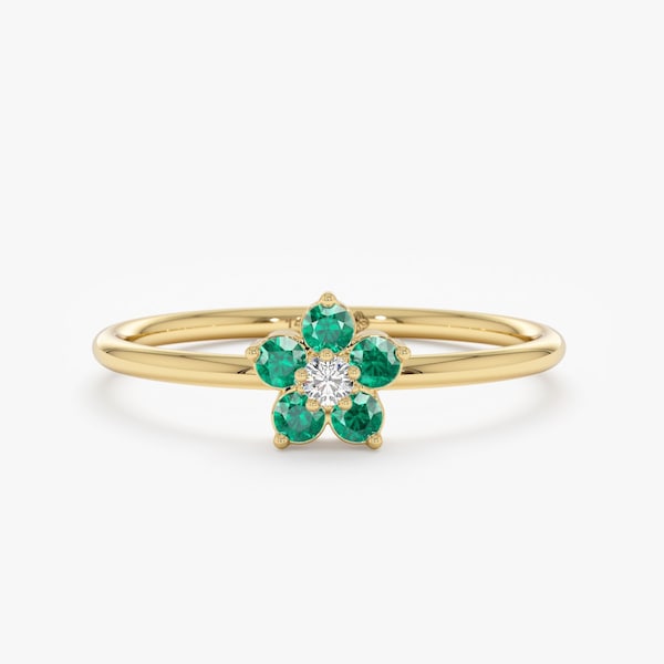Solid Gold Emerald and Diamond Ring, Engagement Ring, Flower Design Diamond Stacking Ring, Natural Emerald and Diamond, Rose, White, Yellow