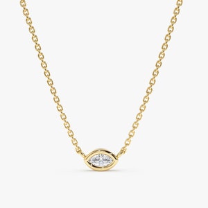 14k Solid Gold Marquise Diamond Necklace, Natural Diamond Solitaire Necklace, Small Gold Diamond Choker, White, Rose, Yellow Gold, Maisie