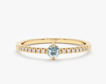 Aquamarine Ring, Diamond Engagement Ring, Dainty Diamond Band, 14k / 18k Solid Gold, Stackable Wedding Ring, Birthstone for March, Angela