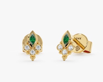 Petite Emerald Earrings, 14k Solid Gold Stud, Small Diamond and Gemstone Jewelry, 18k Handmade Fine Jewelry, Yellow White Rose, Annika