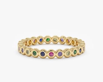 Solid Gold Rainbow Sapphire Bezel Eternity Ring, Wedding Gift, Genuine Gemstone, Stackable Band, Pink, Blue, Yellow, 14k and 18k, Saoirse