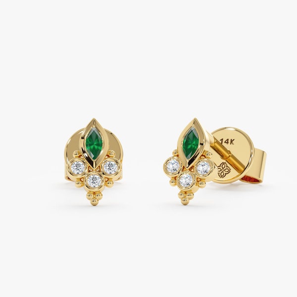 Petite Emerald Earrings, 14k Solid Gold Stud, Small Diamond and Gemstone Jewelry, 18k Handmade Fine Jewelry, Yellow White Rose, Annika