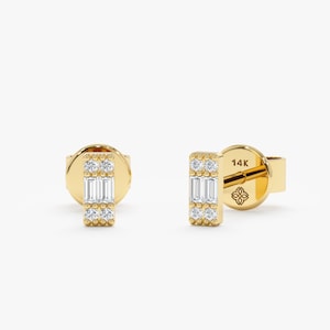 14k Small Diamond Studs, Solid Gold Earrings, Dainty Earrings, Tragus Studs, Baguette Earrings, Cluster Earrings, Birthday Gift, Sarafina