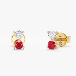 Mini Natural Ruby Stud Earrings, Diamond Studs, Minimalist Round Diamond Earrings, 14k Solid Gold, July Birthstone, Birthday Gift, Trisha
