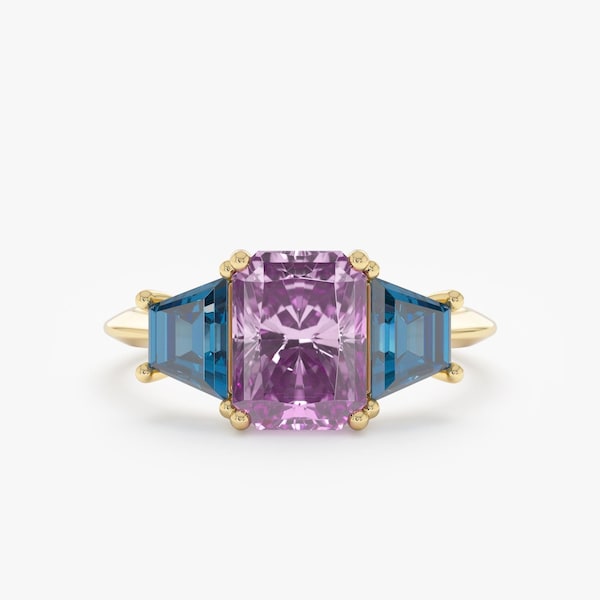 Amethyst and Blue Topaz Engagement Ring, 10k 14k 18k Solid Gold Option, Natural Gemstone, Vintage Proposal Ring, Anniversary Ring, Noor