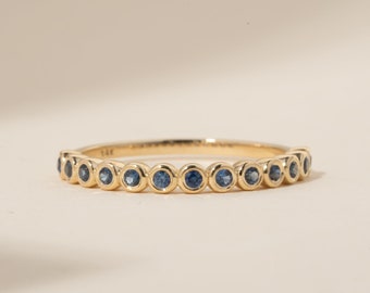 Blue Sapphire Ring, Solid Gold Natural Gemstone Ring, 14k or 18k Half Eternity Bezel Ring, Stackable Ring, September Birthstone Ring, Arleth