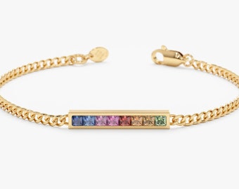 Rainbow Sapphire Bracelet, Natural Multi Color Sapphire with 14k Solid Gold Cuban Chain, Genuine Gemstone and Solid Gold, Princess Cut, Kira