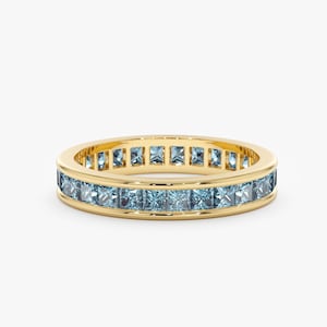 Blue Topaz Eternity Ring, Natural Princess Cut Gemstones, 14k or 18k Birthstone Ring, Genuine London Blue Topaz, December Birthstone, River