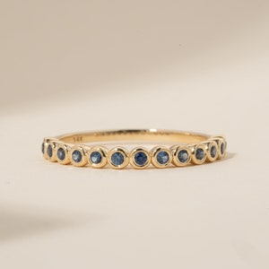 Blue Sapphire Ring, Solid Gold Natural Gemstone Ring, 14k or 18k Half Eternity Bezel Ring, Stackable Ring, September Birthstone Ring, Arleth