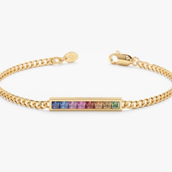 Rainbow Sapphire Bracelet, Natural Multi Color Sapphire with 14k Solid Gold Cuban Chain, Genuine Gemstone and Solid Gold, Princess Cut, Kira