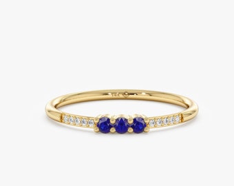 Diamond and Blue Sapphire Ring, 14K Solid Gold, Natural Diamonds and Gemstone, Handmade Genuine Fine Jewelry, September Birthstone, Jamie