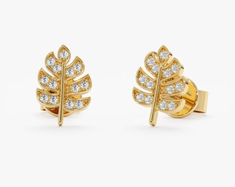 Diamond Leaf Earrings, Palm Leaf Earrings, Small Diamond Studs, Solid Gold Earrings, Natural Diamonds, Yellow, Rose, White Gold, Sasha