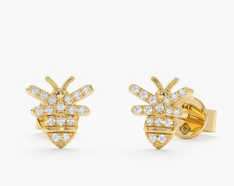 14k Diamond Bee Earrings Bumblebee Small Diamond Earrings