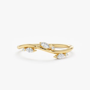 Unique Marquise Diamond Ring, 14k Diamond Ring, Leaves Design, 14k or 18k Solid Gold, Dainty Swirling Band With Stationed Diamonds, Flora