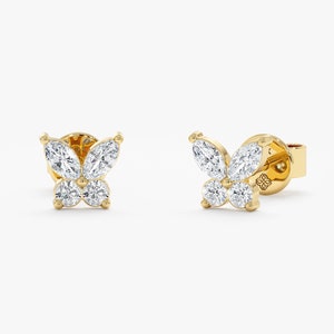 Solid Gold Diamond Butterfly Earrings, Marquise and Round Cut, Yellow, Rose, 14k White, Solid Gold Studs, Everyday wear, Best Gift, Mariposa