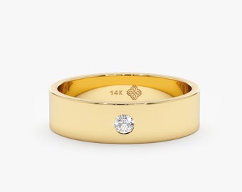 14k Solid Gold Diamond Wedding Band, Stackable Gold and Diamond Ring, 4.5mm Wedding Band, Delicate Gold Ring, Engrave Inside, Violet