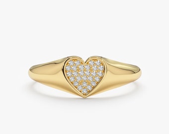 14k Gold Diamond Signet Ring, Diamond Heart Ring, Solid Gold Pinky Ring, 14k Rose, White, Yellow Gold, Natural White Diamond Ring, Kate