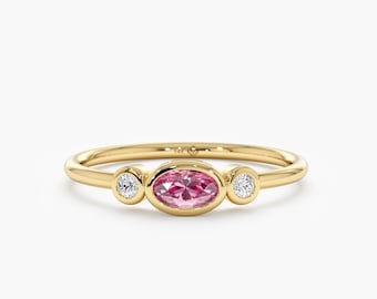 14k Solid Gold Rosa Saphir Ring, Diamant und Rosa Saphir, Zargenfassung, Einzigartiger Verlobungsring, 14k Gelb, Weiß, Roségold, Elle