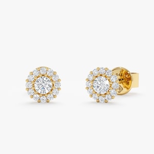 Diamond Halo Set Studs, Pave Diamond Earrings, 14k Small Fine Jewelry, Vintage Classic Design, Handmade Jewelry Bridal Wedding Gift, Accorsa