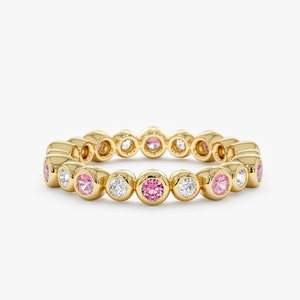 Pink Sapphire Ring, Bezel set Diamond and Sapphire Alternating Ring, Diamond Eternity Ring, 14k or 18k Solid Gold Ring, Wedding Band, Aletta