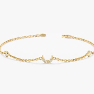 Diamond Mini Moon Bracelet, Small Diamond Crescent Charm, Celestial Bracelet, Bezel Diamond Chain, 14K White, Yellow, Rose Gold, Francesca