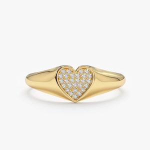 14k Gold Diamond Signet Ring, Diamond Heart Ring, Solid Gold Pinky Ring, 14k Rose, White, Yellow Gold, Natural White Diamond Ring, Kate