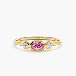 14k Solid Gold Pink Sapphire Ring, Diamond and Pink Sapphire, Bezel Setting, Unique Engagement Ring, 14k Yellow, White, Rose Gold, Elle