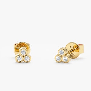 Small Diamond Cluster Stud Earrings, 14k Solid Gold, White Gold, Rose Gold, Second or Third Hole, Pair ,Single, Diamond Bezel Stud, Victoria