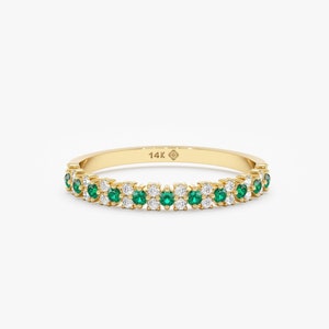14K Emerald and Diamond Alternating Band, Genuine Half Eternity Ring, Wedding Jewelry, Engagement Stack, Handmade Fine Diamond Ring, Jade