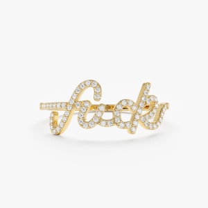 14k Solid Gold Diamond Middle Finger Ring, Script Font