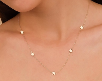 Solid Gold Multiple Star Necklace, Layering Necklace, Choker Necklace, 14K White Gold, Yellow Gold Rose Gold, Plain Multi Star Charm, Stella