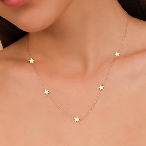 Solid Gold Multiple Star Necklace, Layering Necklace, Choker Necklace, 14K White Gold, Yellow Gold Rose Gold, Plain Multi Star Charm, Stella